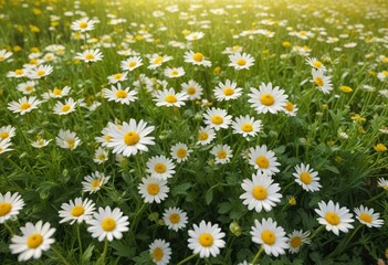 Fototapeta premium Field of chamomile flowers with yellow petals and green leaves in a sunny meadow, floral fields, chamomile field