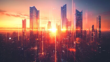 A Cityscape with Skyscrapers and Red and Yellow Light Streaks at Sunset