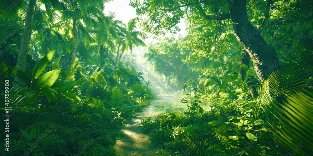 Poster lush green jungle with a path through it