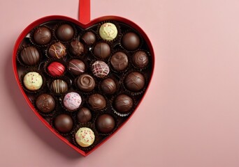 Obraz premium Top view of a heart-shaped box of chocolates. Love concept. With copy space.
