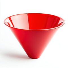 A bright red plastic funnel with a smooth surface and narrow opening on a white background 