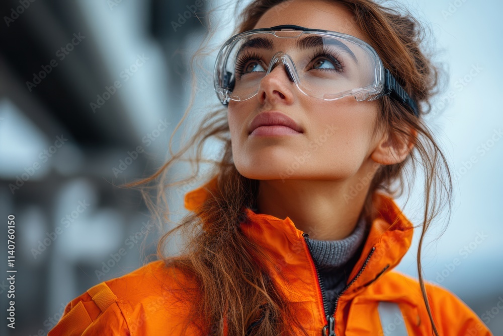 Aufkleber female engineer in ppe, looking upward in a reflective pose, tailored for campaigns focusing on inno