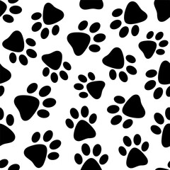 Seamless pattern of black paw prints on a white background creating a playful and vibrant design ideal for various creative projects