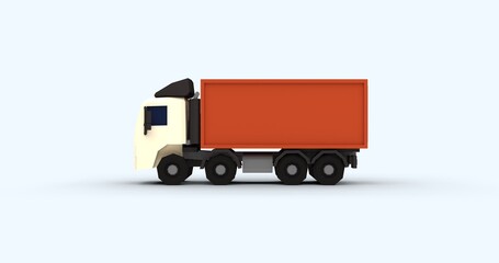 Stylized 3D render container cargo truck in low poly design with cartoon-like textures. Perfect logistics transportation and creative content visuals. Set against clean light background right view