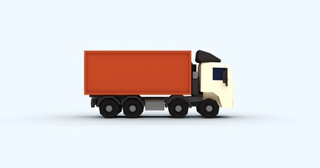 Stylized 3D render container cargo truck in low poly design with cartoon-like textures. Perfect logistics transportation and creative content visuals. Set against clean light background left view