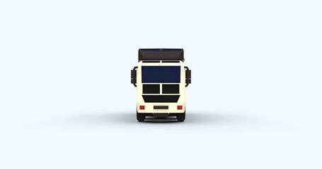 Stylized 3D render container cargo truck in low poly design with cartoon-like textures. Perfect logistics transportation and creative content visuals. Set against clean light background front view