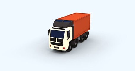 Stylized 3D render container cargo truck low poly design with cartoon-like textures. Perfect logistics transportation creative content visuals. Set against clean light background right front view