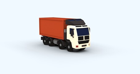 Stylized 3D render container cargo truck low poly design with cartoon-like textures. Perfect logistics transportation creative content visuals. Set against clean light background left front view