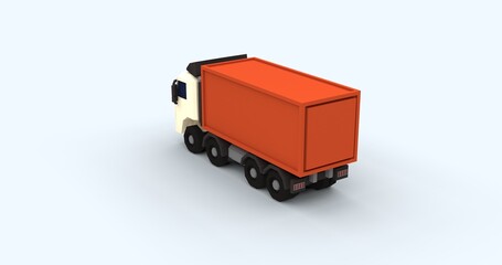 Stylized 3D render container cargo truck low poly design with cartoon-like textures. Perfect logistics transportation creative content visuals. Set against clean light background left back view