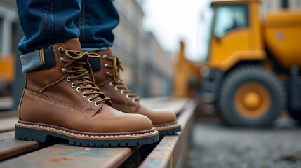 Durable brown leather boots stand firm on steel, a city backdrop blurred—construction's quiet strength.