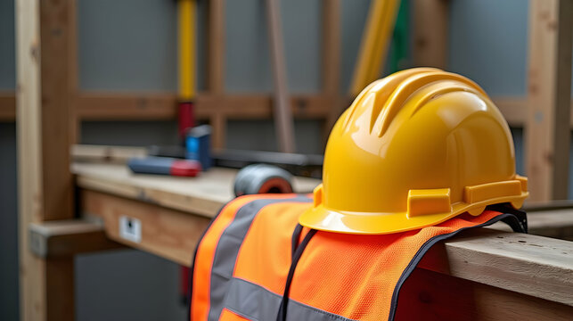 Construction site safety: A yellow hard hat rests on an orange safety vest, symbolizing worker protection and site preparedness. Ensuring a secure work environment.