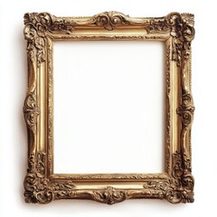 A vintage ornate frame with intricate detailing and a gold finish on a white background 