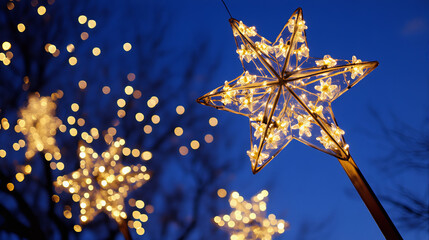 Christmas twinkle little star isolated on a shining night blue sky background. Christmas light stars decoration. Golden christmas night life stars on the street in the sky