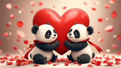Two cute pandas adorning a big red heart with a red ribbon, amidst falling petals on a cozy background, ideal for sending valentine's day wishes