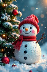 snowman with christmas tree, Christmas card