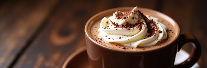 Fototapeta premium Decadent hot chocolate topped with fluffy whipped cream and shaved chocolate, velvety, indulgence, treat
