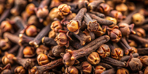 A close-up view reveals cloves piled together, showcasing their dark brown hues and distinctive shapes, highlighting their aromatic appeal for cooking and baking