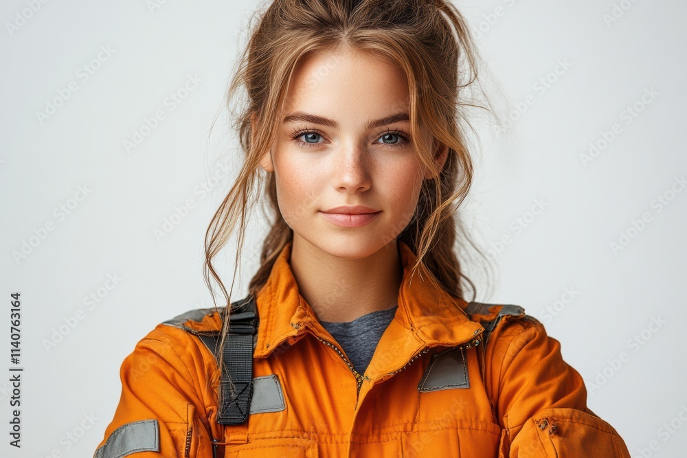 Poster front view of a female engineer in uniform, showcasing confidence and technical expertise.