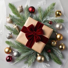 Christmas composition on a transparent background with a gift box with a red ribbon, fir branches, Christmas tree toys, and a transparent neutral shadow. copy space for the design of your greetings