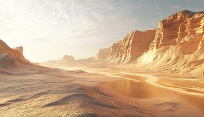Naklejka premium A Desolate Desert Landscape with Sand Dunes and Cliffs Under a Cloudy Sky