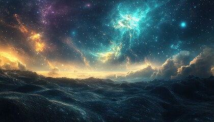 Fototapeta premium A Starry Sky with Wavy Mountains in the Foreground