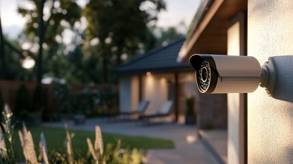A modern outdoor surveillance camera mounted on a house, ensuring safety and security in a serene residential setting.