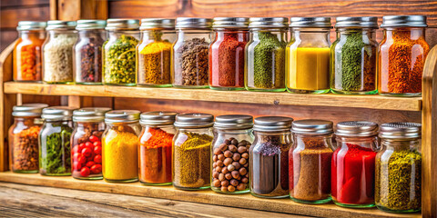 A wooden shelf holds various glass jars filled with vibrant spices and seasonings. The arrangement showcases a rich palette of colors, perfect for culinary enthusiasts