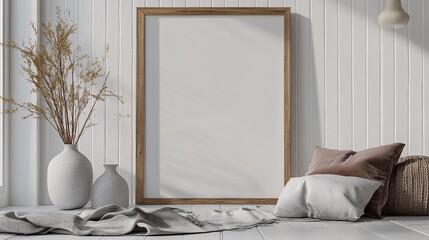 Stylish interior with a minimalistic design featuring empty frame, decorative pillows, and dried flowers.