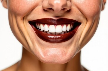 Fototapeta premium Perfect girl lips, lipstick color Mocha mousse. Smile. Close-up. Natural beauty