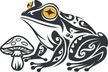 An intricate illustration of a stylized frog with a tribal or tattoo-like appearance and a frog sitting near a mushroom