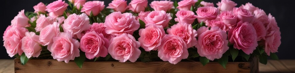 delicate pink roses and carnations in a handcrafted wooden box, antique look, rustic elegance,