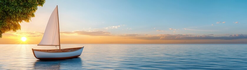 Fototapeta premium A serene sunset over calm waters with a small sailboat, surrounded by lush greenery, creating a peaceful coastal scene.