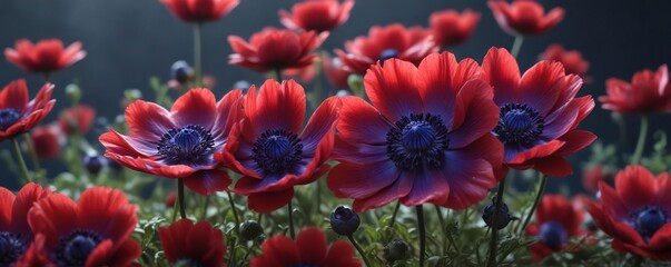 Fototapeta premium Delicate, velvety crimson petals surrounding a central steely blue area of the anemone flower, colors, beauty