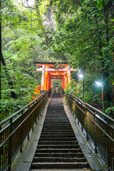 The torii gate covered walking path at Fushimi Inari Taisha temple in Kyoto, Japan. ( Japanese inscriptions translated are different religion blessings)