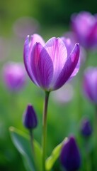 Fototapeta premium Delicate violet petals unfolding in a field of green, garden, soft focus, floral