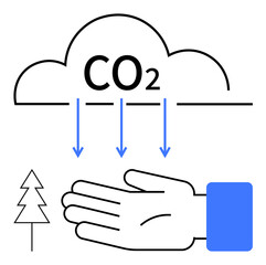 Human hand extended under CO2 emissions cloud with three blue arrows pointing downward and tree symbol near. Ideal for climate change, greenhouse gases, pollution, environment, global warming