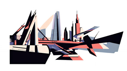 A geometric abstract representation of London’s skyline, focusing on the shapes and forms of Big Ben, The Shard, and the Houses of Parliament, using a monochromatic color palette.