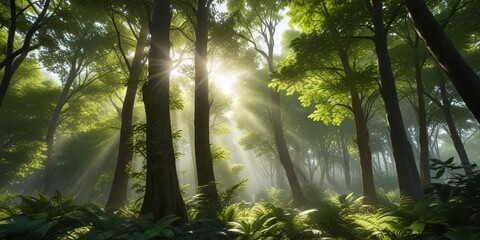 Naklejka premium Dense foliage of towering trees with dappled sunlight filtering through the leaves, background, atmosphere