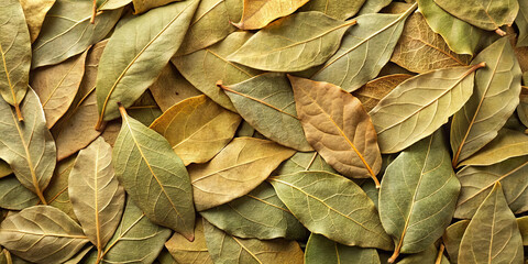 A collection of dried bay leaves laid out flat, showcasing their rich textures and varied colors, ranging from deep green to subtle brown. This arrangement highlights their natural beauty