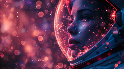 Female Astronaut in Space with Glowing Lights  
