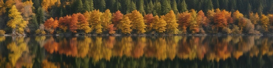 Obraz premium Dense thicket of deciduous trees in foreground reflecting off calm surface of autumn-colored Toketee Lake near Umpqua National Forest, tree branches, deciduous trees, Oregon landscape