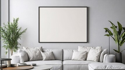 Cozy modern living room featuring a blank canvas on the wall, inviting creativity and tranquility.