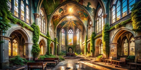 Fototapeta premium Urban Exploration Holy Spirit Photography: Abandoned Church, Spiritual Graffiti, Decaying Sanctuary