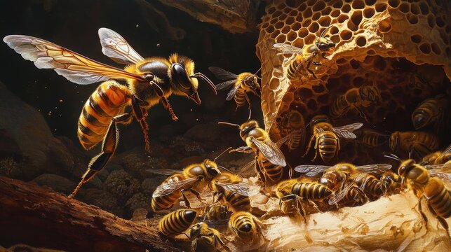 hornet attacking a beehive, with bees defending their colony.