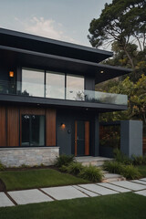 Fototapeta premium Modern two-story house with dark gray exterior, wood siding accents, large windows, a balcony, and stone foundation. Landscaped front yard with walkway.