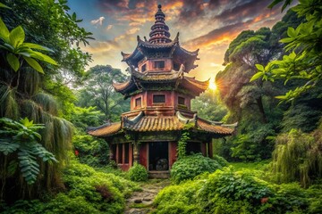 Fototapeta premium Urban Exploration: Mysterious Square Pagoda - Abandoned Asian Architecture Photography
