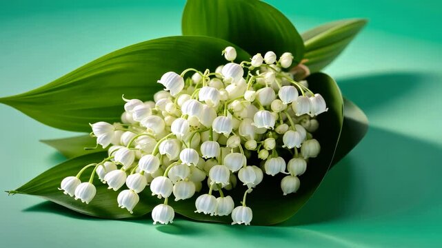 Bouquet of Lily of the Valley flowers on a Pastel Green background. Beautiful spring flowers. Card. Copy space. Happy Women's Day, Mother's Day, Valentine's Day, Easter. Minimalism