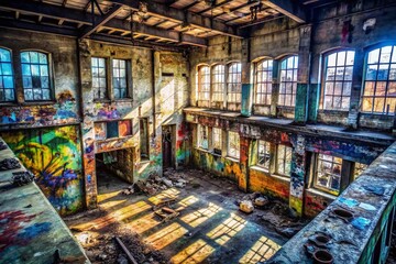 Fototapeta premium Urban Exploration Photography: Black Watercolor Texture, Abandoned Building, Grunge, Decay, Dark, Mysterious, Industrial, Graffiti, Ruins, Shadow, Texture, Abstract, Cityscape, Post-Apocalyptic, 