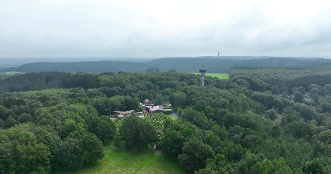 Aerial drone video of The Drielandenpunt near Vaals three country point where the borders between the Netherlands , Belgium , Germany meet.
