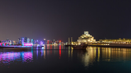 Beautiful Museum of Islamic Art night timelapse hyperlapse in Doha, Qatar.